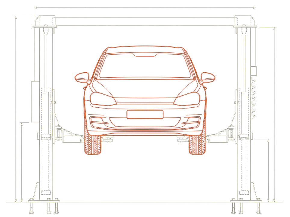 Engineering drawing of a car raised on a two-post hoist